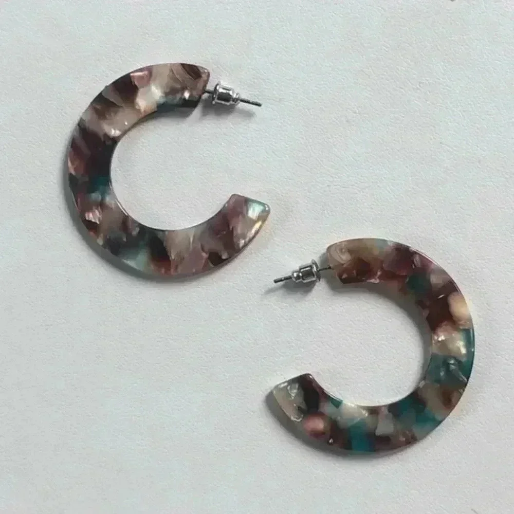 Turquoise Brown Pearl Semi Hoop Acrylic Stainless Steel Earrings NWT